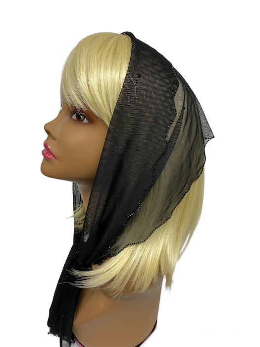 86-02 | New long Soft Net | Scattered & Scallop Rhinestones Trim | Black/Black