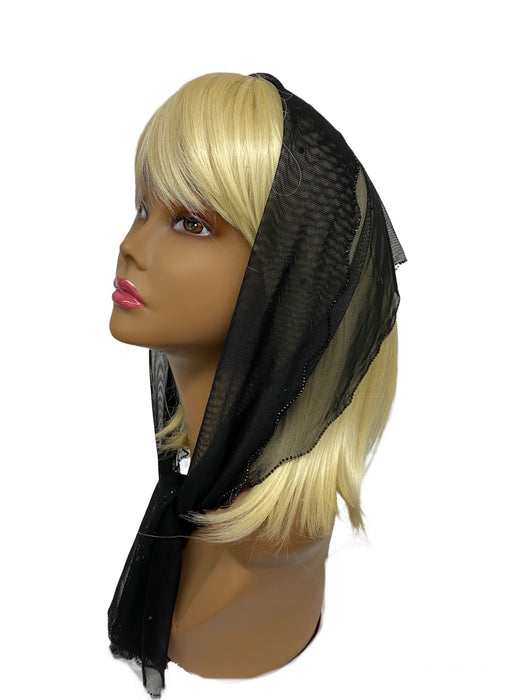 86-02 | New long Soft Net | Scattered & Scallop Rhinestones Trim | Black/Black