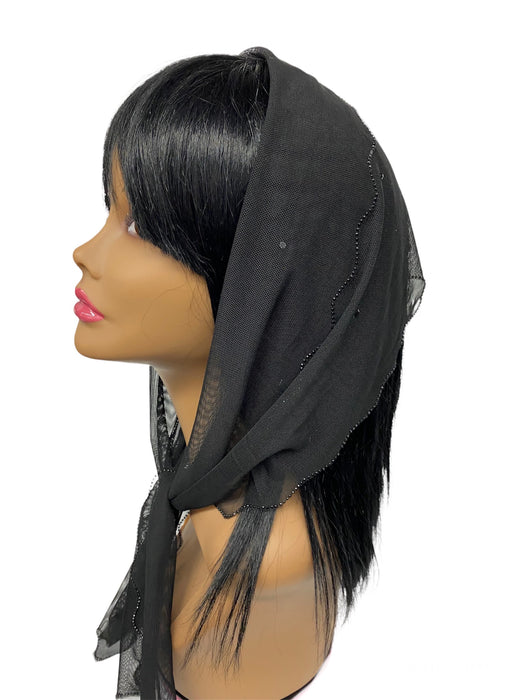 86-02 | New long Soft Net | Scattered & Scallop Rhinestones Trim | Black/Black